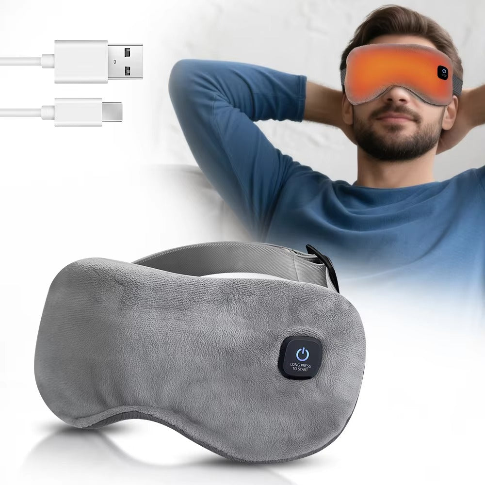 Person wearing heated eye mask for relaxation