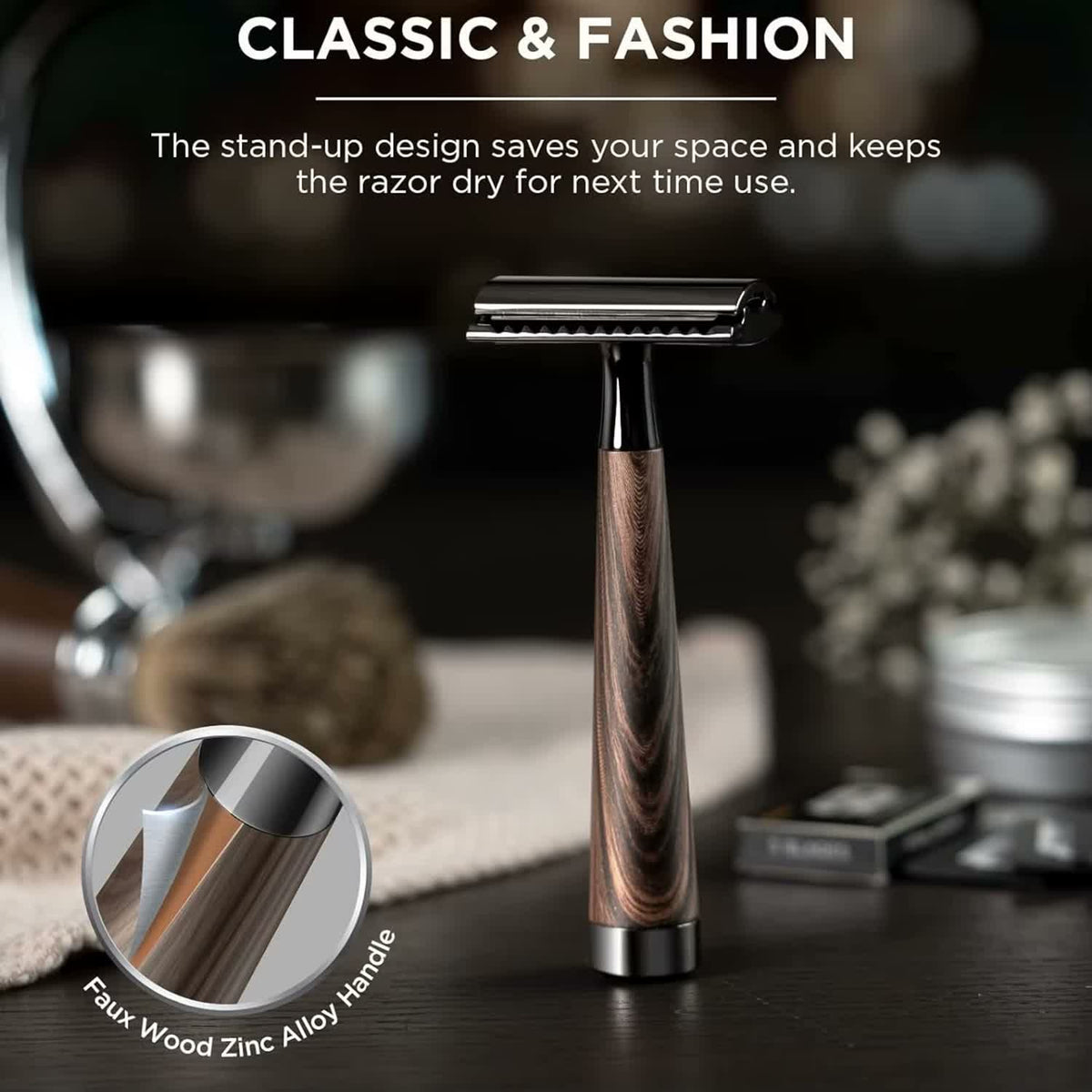 Safety razor with faux wood grain handle standing on a bathroom counter