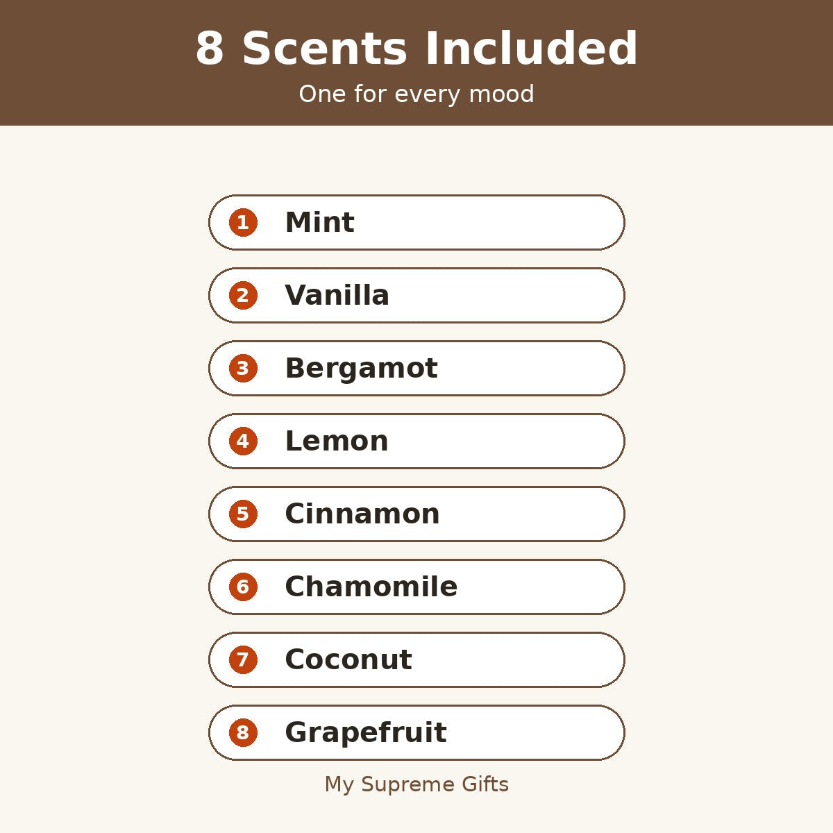 8 scents included - Mint Vanilla Bergamot Lemon Cinnamon Chamomile Coconut Grapefruit